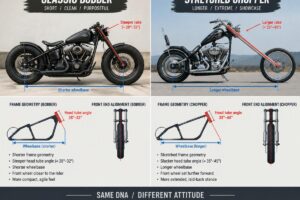 Diagram comparing the frame geometry and front end alignment of a classic bobber versus a stretched chopper