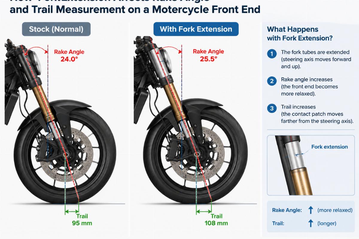 Diagram illustrating how fork extension affects rake angle and trail measurement on a motorcycle front end