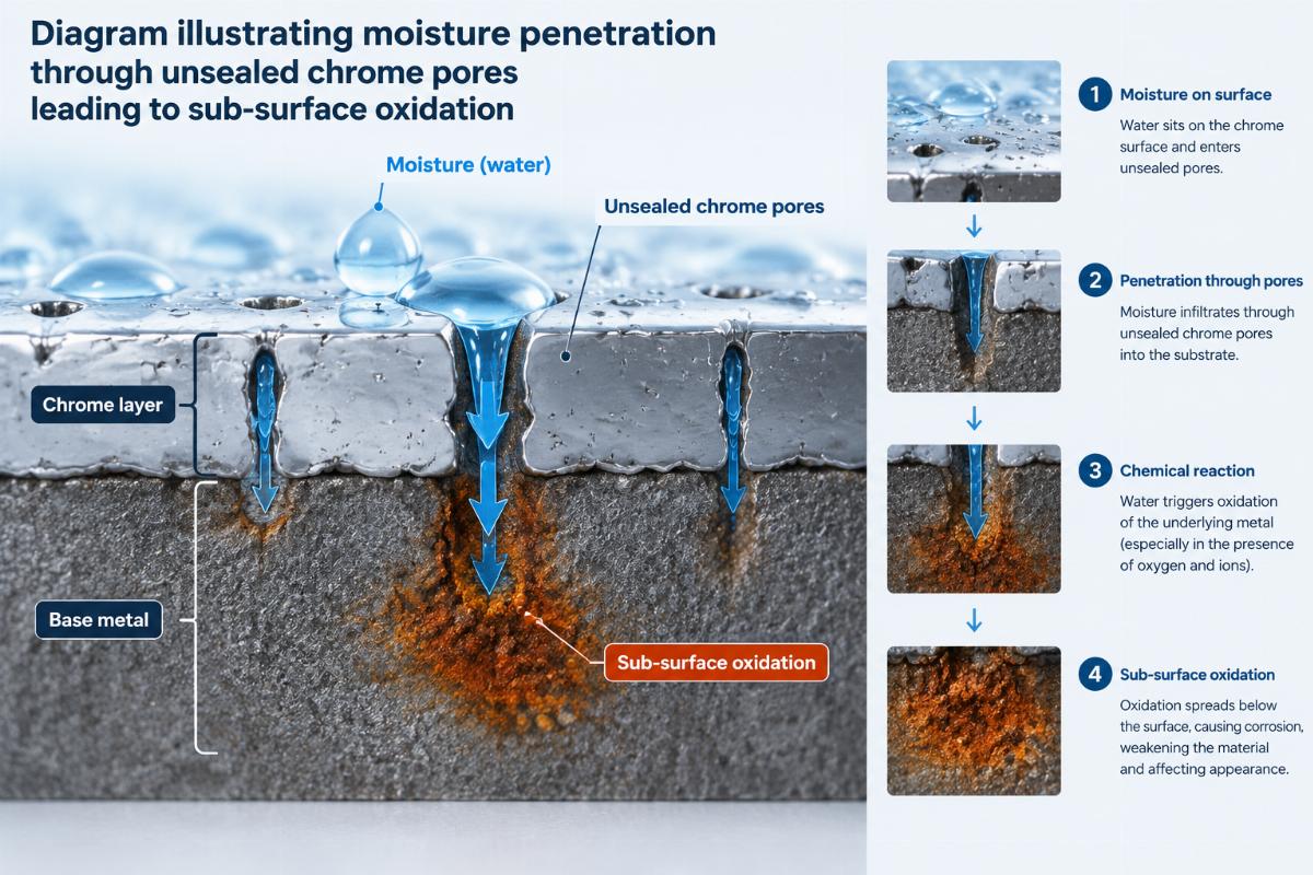 Diagram illustrating moisture penetration through unsealed chrome pores leading to sub-surface oxidation