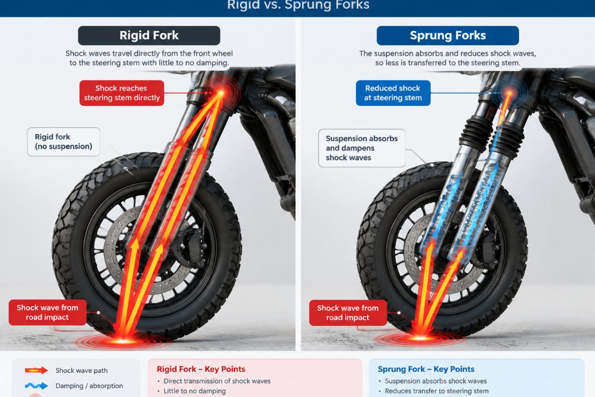 Diagram illustrating shock wave transfer from front wheel to steering stem in rigid vs sprung forks