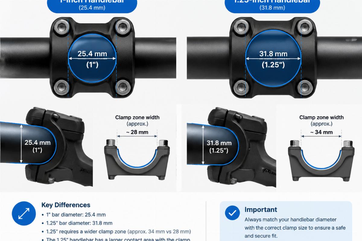 Diagram illustrating the clamp zone geometry differences between 1-inch and 1.25-inch handlebars