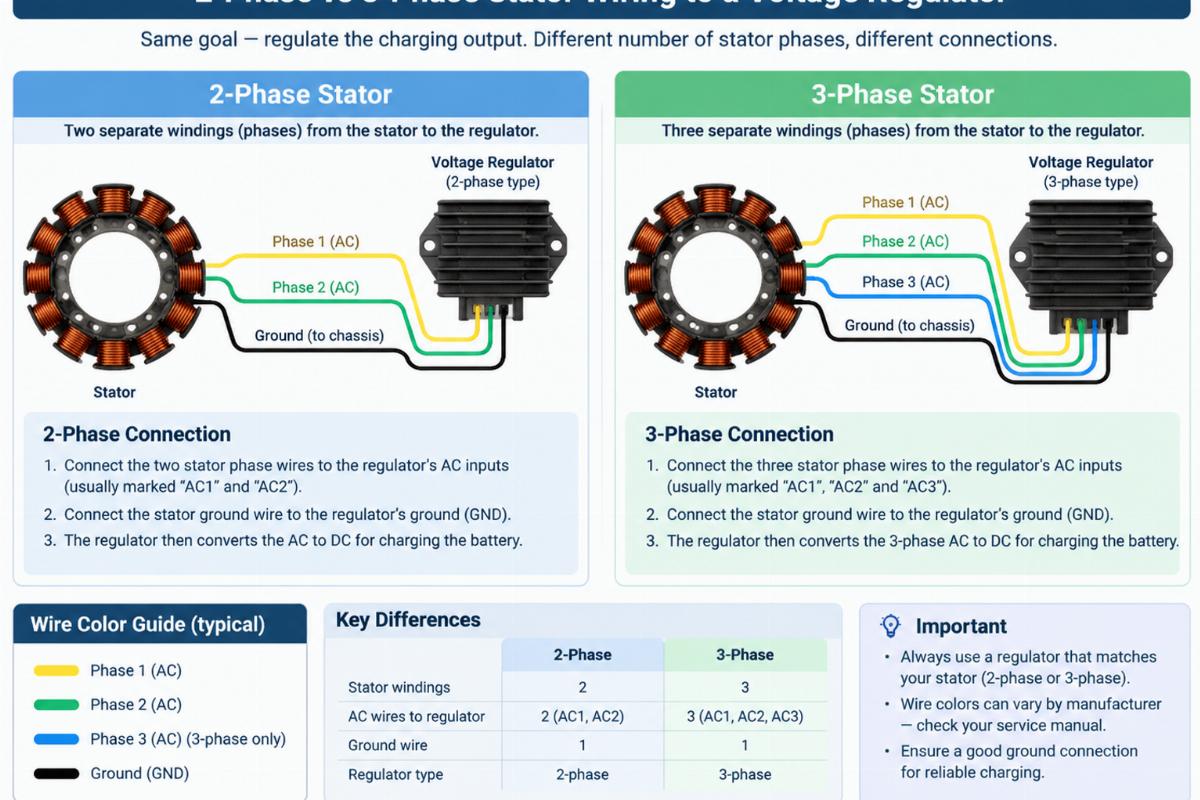 Diagram illustrating the difference between 2-phase and 3-phase stator wiring connections to a voltage regulator