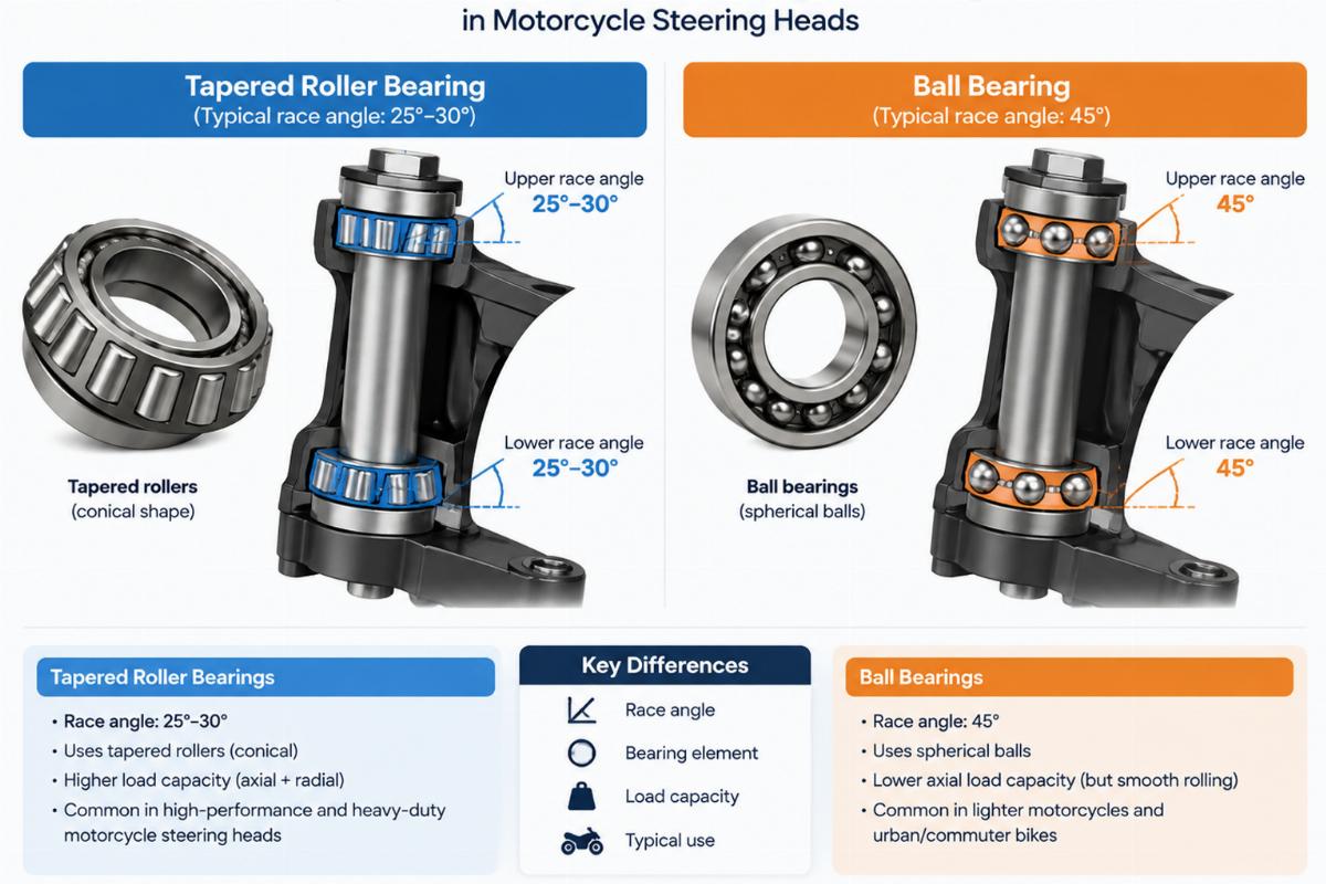 Diagram illustrating the difference between tapered roller and ball bearing race angles in motorcycle steering heads