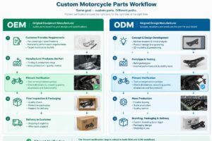 Diagram illustrating the workflow difference between OEM and ODM custom motorcycle parts, highlighting where fitment verification occurs in the process