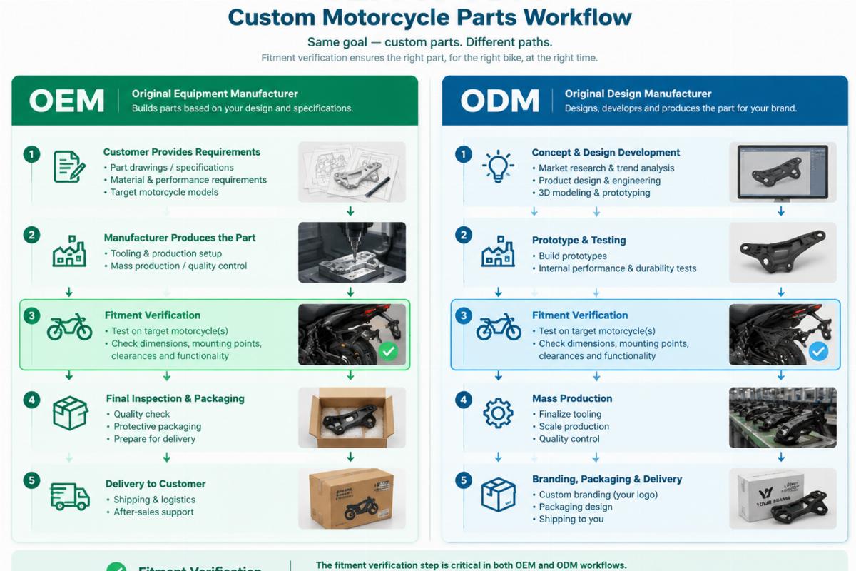 Diagram illustrating the workflow difference between OEM and ODM custom motorcycle parts, highlighting where fitment verification occurs in the process