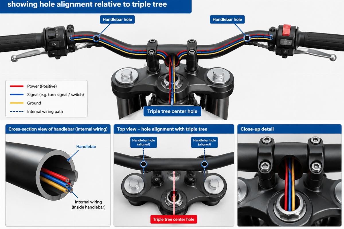 Diagram of internal wiring path through handlebar showing hole alignment relative to triple tree