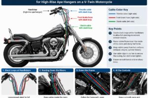 Diagram showing correct cable routing with slack loops for high-rise ape hangers on a V-twin motorcycle