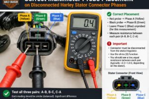 Diagram showing correct multimeter probe placement on disconnected Harley stator connector phases