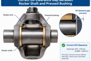 Diagram showing correct oil clearance gap between rocker shaft and pressed bushing