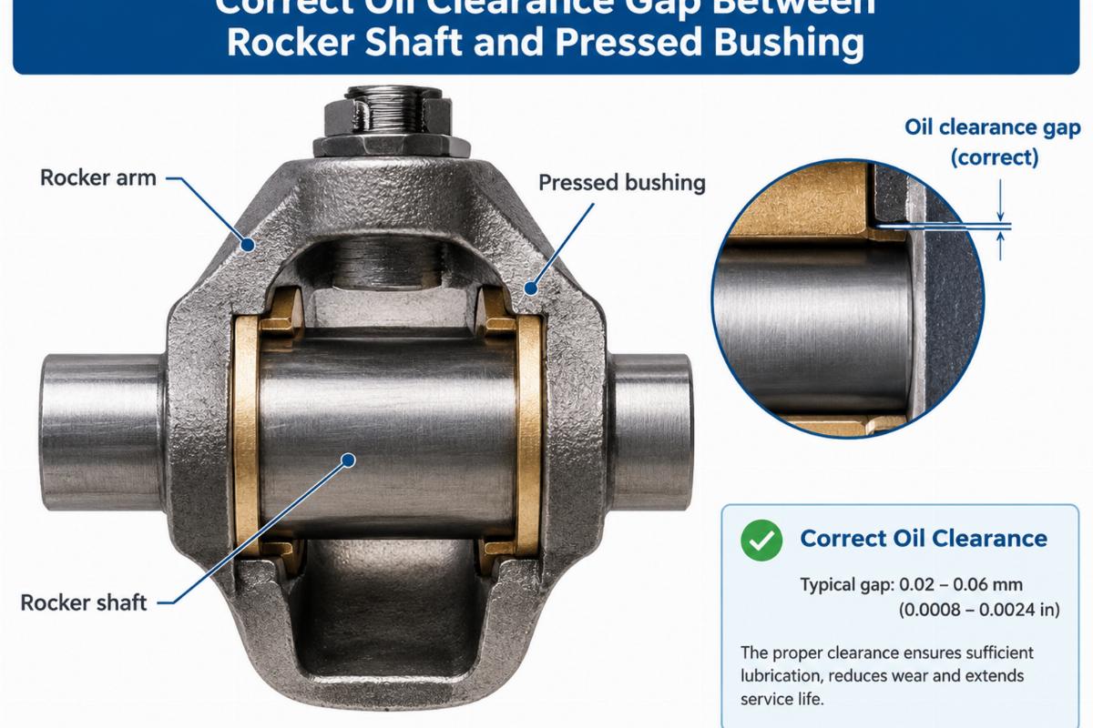 Diagram showing correct oil clearance gap between rocker shaft and pressed bushing