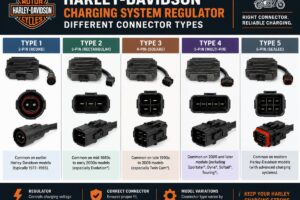 Diagram showing different connector types for Harley Davidson charging system regulators