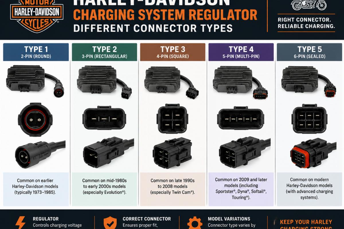 Diagram showing different connector types for Harley Davidson charging system regulators