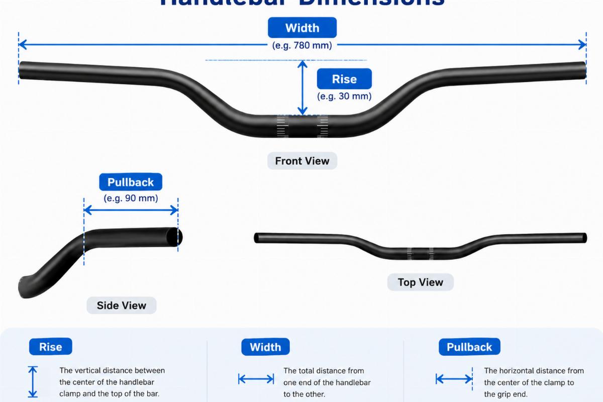 Diagram showing handlebar dimensions including rise, width, and pullback