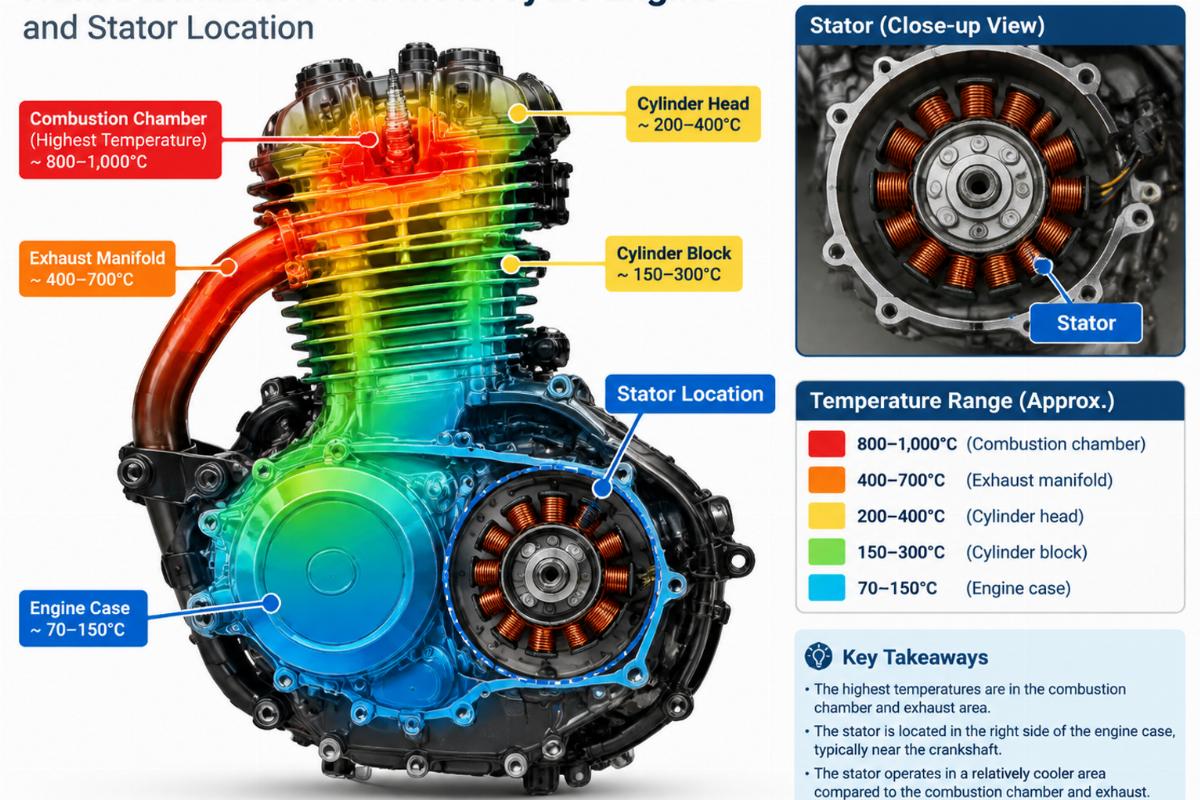 Diagram showing heat distribution in a motorcycle engine and stator location