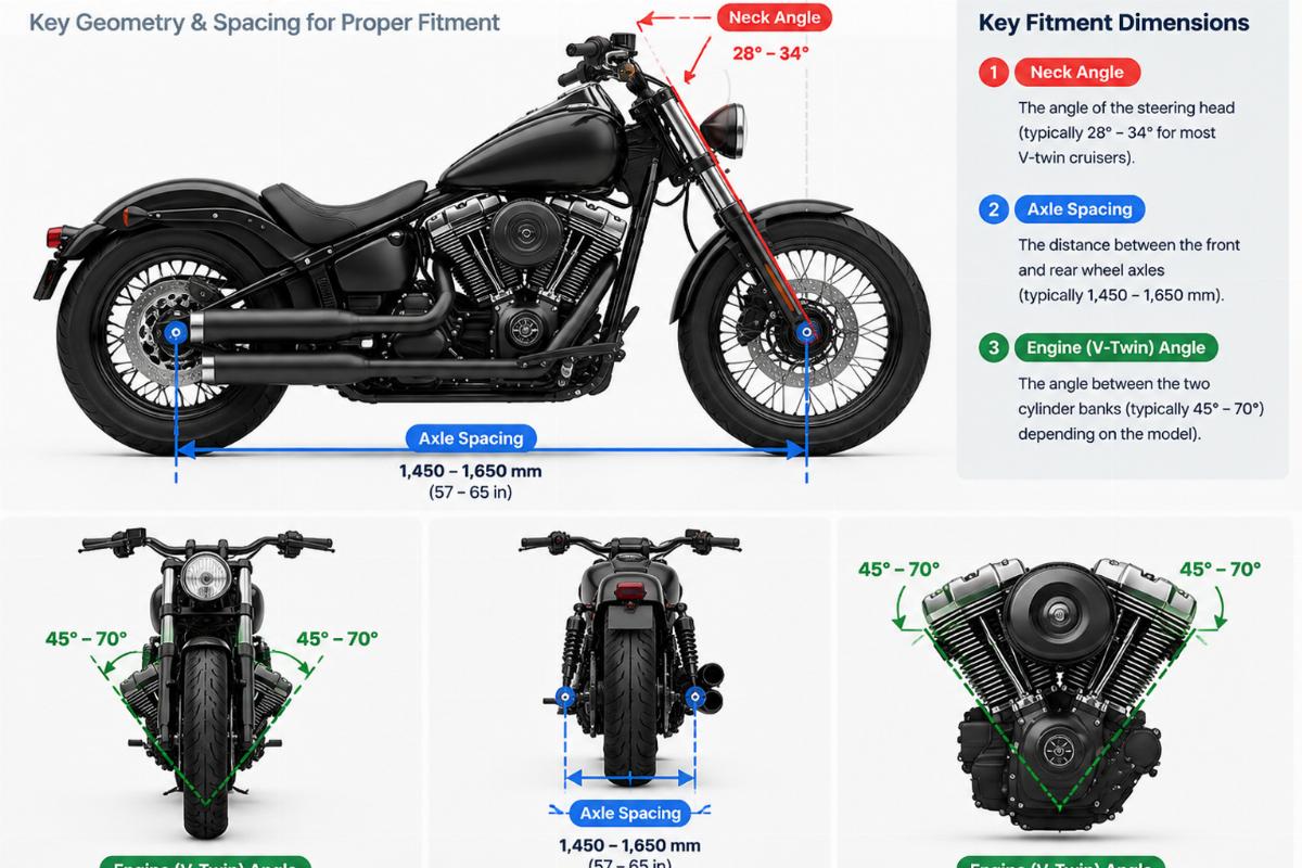 Diagram showing key fitment dimensions including neck angle and axle spacing for V-twin motorcycles
