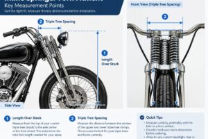 Diagram showing key measurement points for inline springer fork fitment including length over stock and triple tree spacing