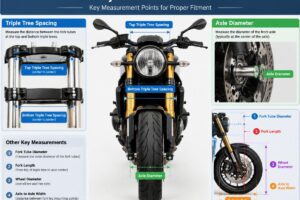 Diagram showing key measurement points for motorcycle front end fitment including triple tree spacing and axle diameter