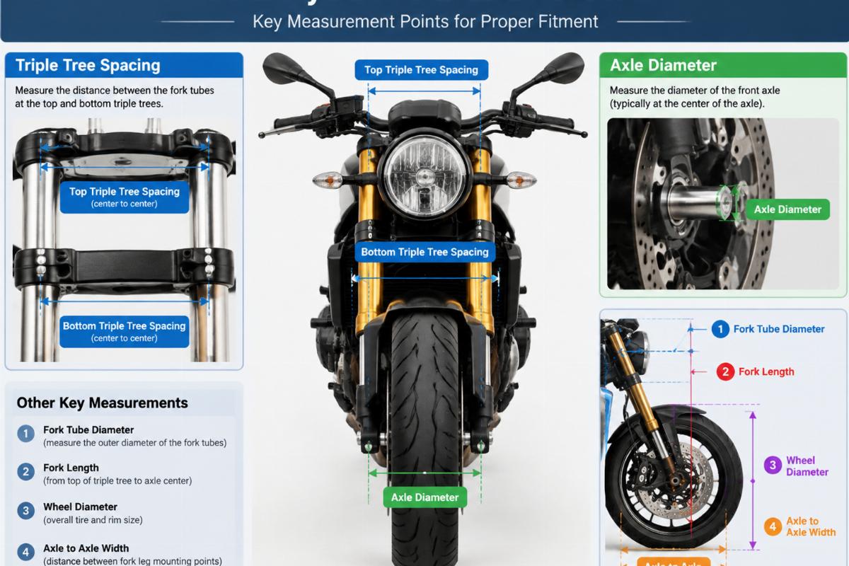 Diagram showing key measurement points for motorcycle front end fitment including triple tree spacing and axle diameter