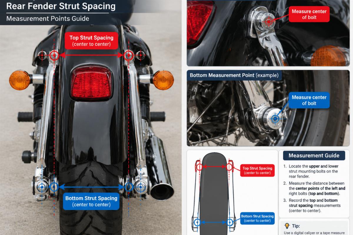 Diagram showing measurement points for strut spacing on a Harley Davidson Softail rear fender