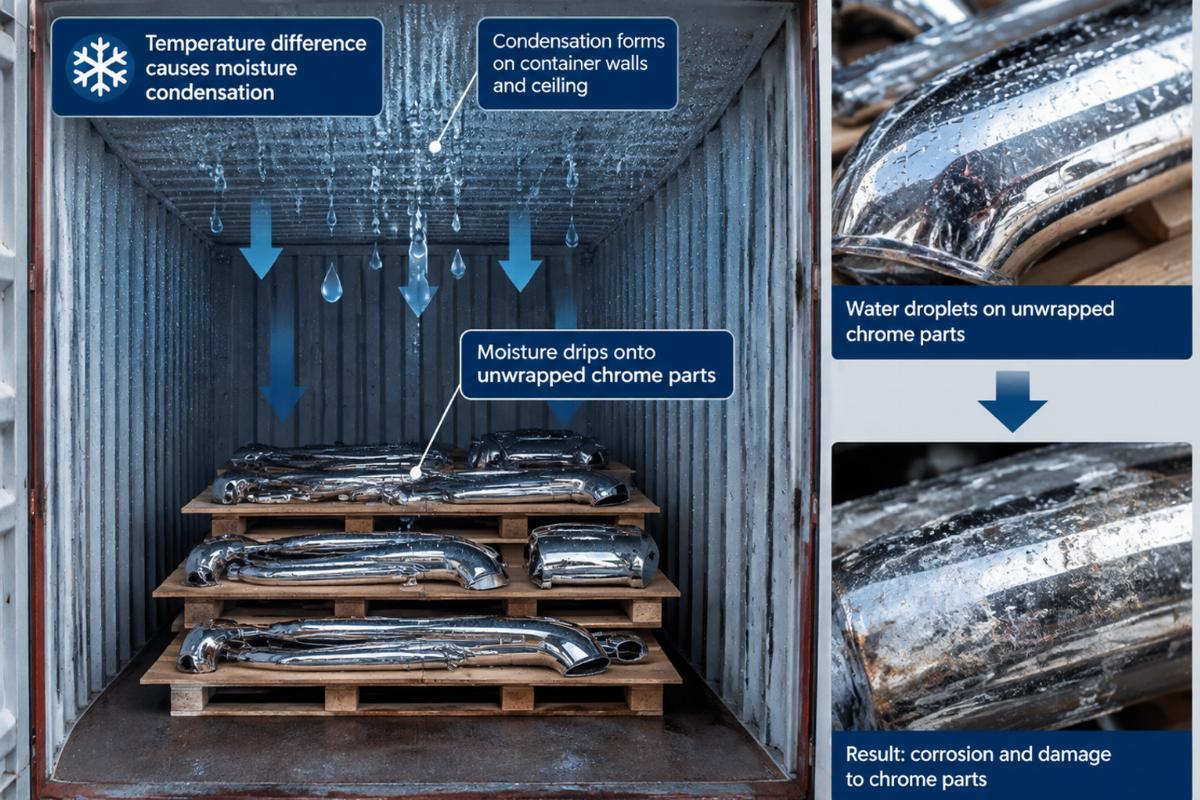 Diagram showing moisture condensation inside a shipping container affecting unwrapped chrome parts