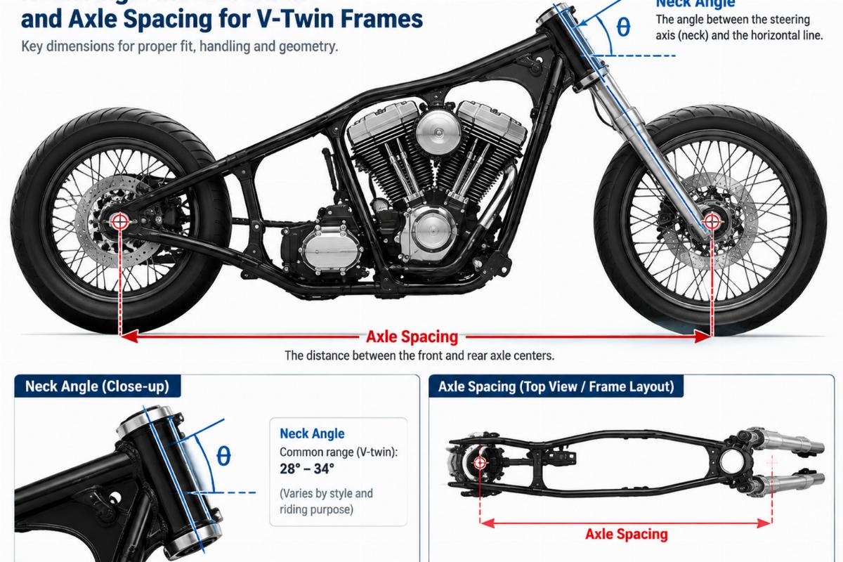 Diagram showing neck angle measurement and axle spacing for V-twin frames