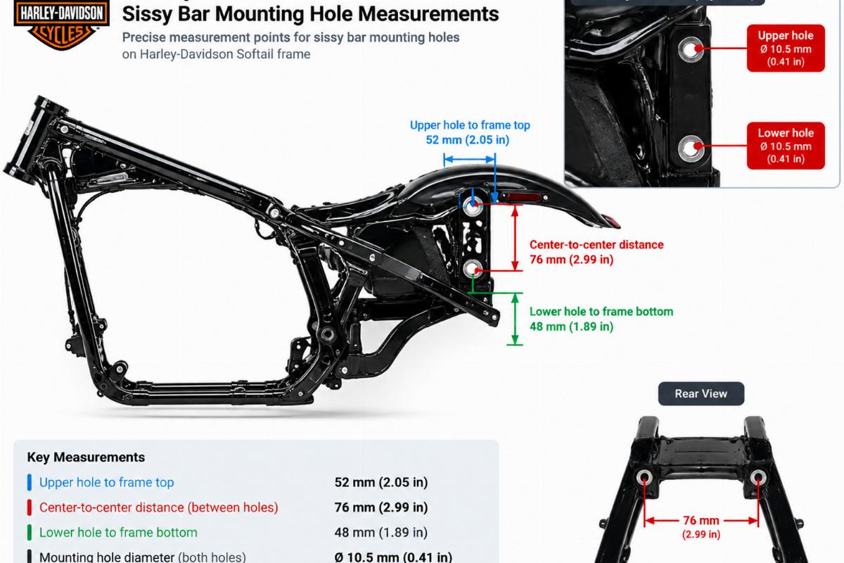 Diagram showing precise measurement points for sissy bar mounting holes on a Harley-Davidson Softail frame