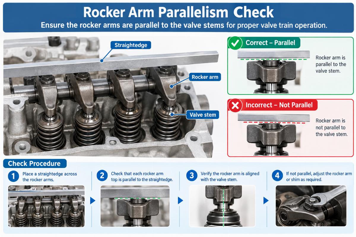 Diagram showing proper rocker arm parallelism check