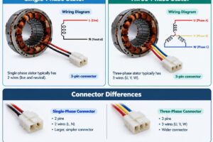 Diagram showing single-phase vs three-phase stator wiring and connector differences