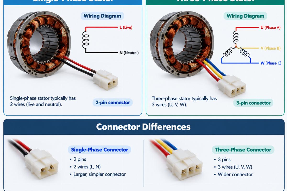 Diagram showing single-phase vs three-phase stator wiring and connector differences