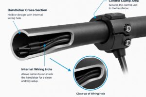 Diagram showing the cross-section of a handlebar highlighting the internal wiring hole and control clamp area