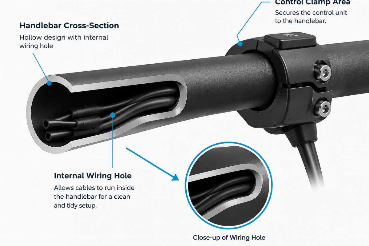 Diagram showing the cross-section of a handlebar highlighting the internal wiring hole and control clamp area