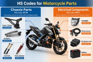 Diagram showing the difference between HS codes for motorcycle chassis parts and electrical components