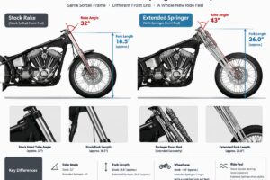 Diagram showing the difference between stock rake and extended springer geometry on a Softail frame
