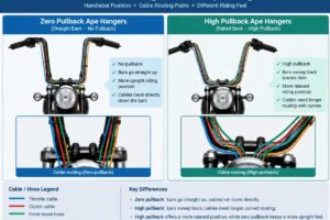 Diagram showing the difference between zero pullback and high pullback ape hangers with cable routing paths
