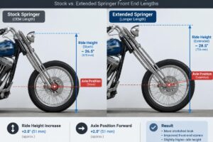 Diagram showing the difference in axle position and ride height between stock and extended springer front end lengths