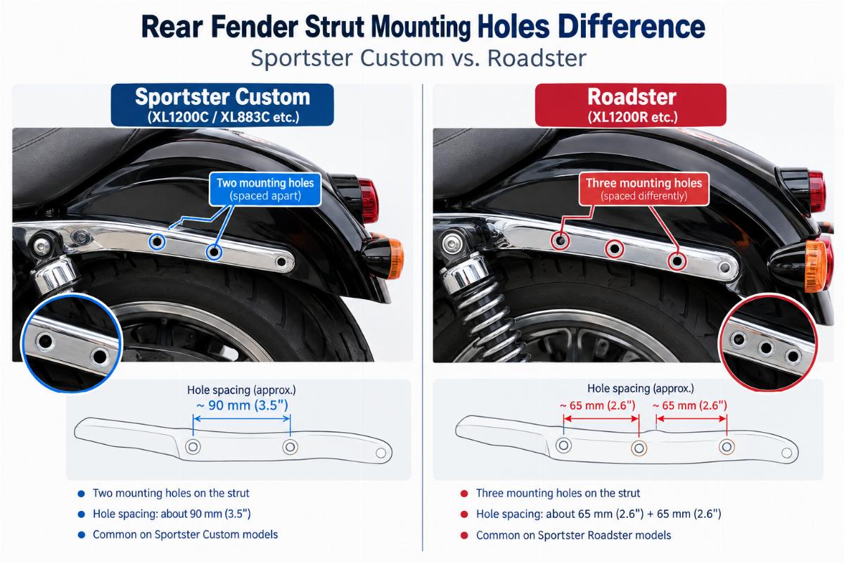 Diagram showing the difference in rear fender strut mounting holes between Sportster Custom and Roadster models