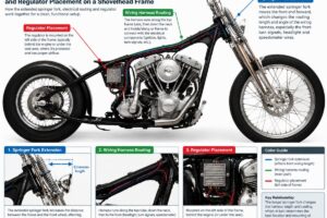 Diagram showing the relationship between springer fork extension, wiring harness routing, and regulator placement on a Shovelhead frame