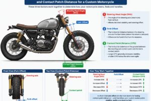 Diagram showing the relationship between steering head angle, fork offset, and contact patch distance for a custom motorcycle