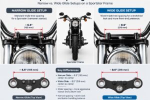 Diagram showing triple tree spacing differences between narrow and wide glide setups on a Sportster frame