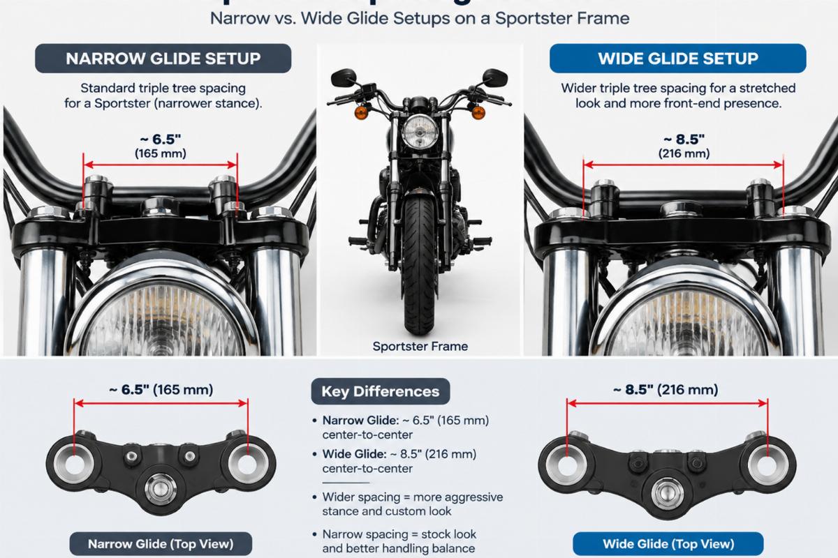 Diagram showing triple tree spacing differences between narrow and wide glide setups on a Sportster frame