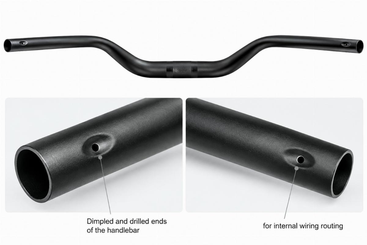 dimpled and drilled ends of the handlebar for internal wiring routing