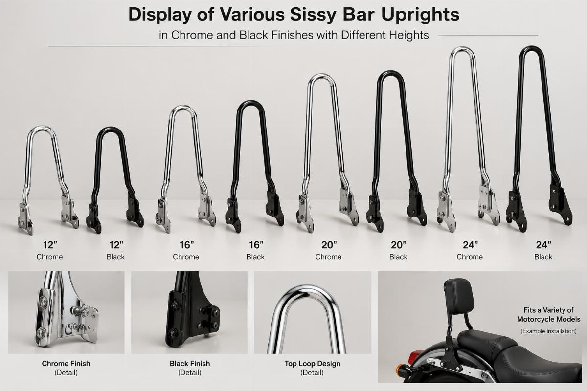 Display of various sissy bar uprights in chrome and black finishes with different heights