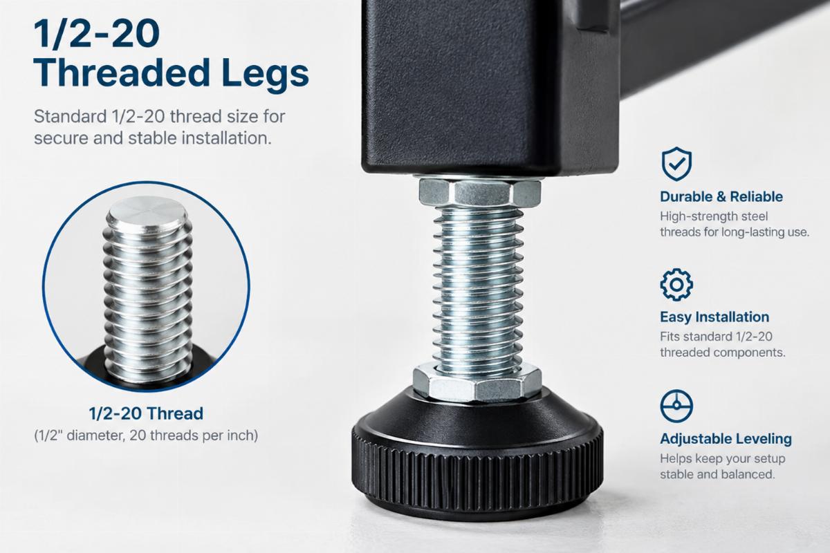 English alt describing a detail of the 1/2-20 threaded legs