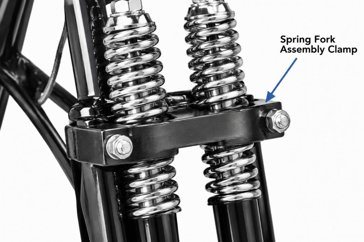 English alt describing a detail of the spring fork assembly clamp for springer front end