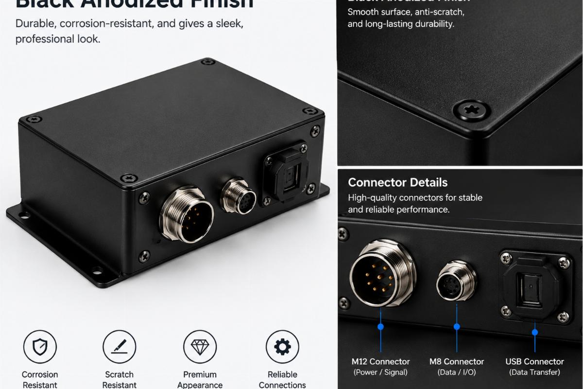 English alt describing black anodized finish and connector details