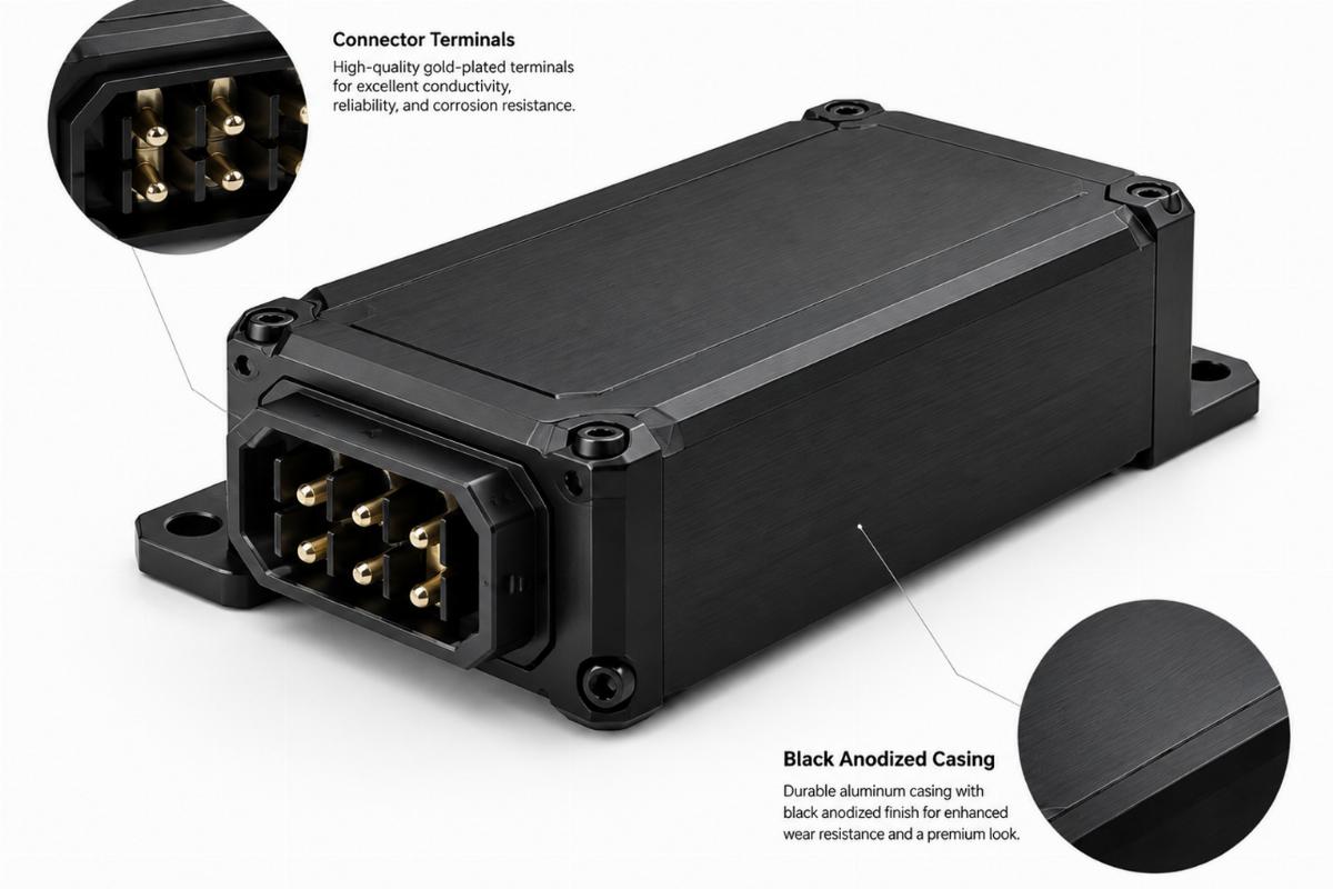 English alt describing connector terminals and black anodized casing