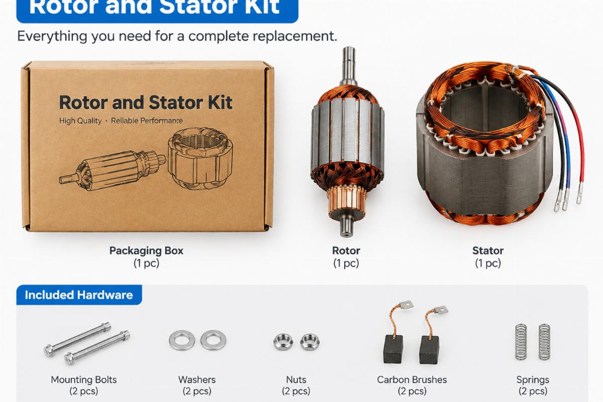 English alt describing rotor and stator kit packaging and included hardware