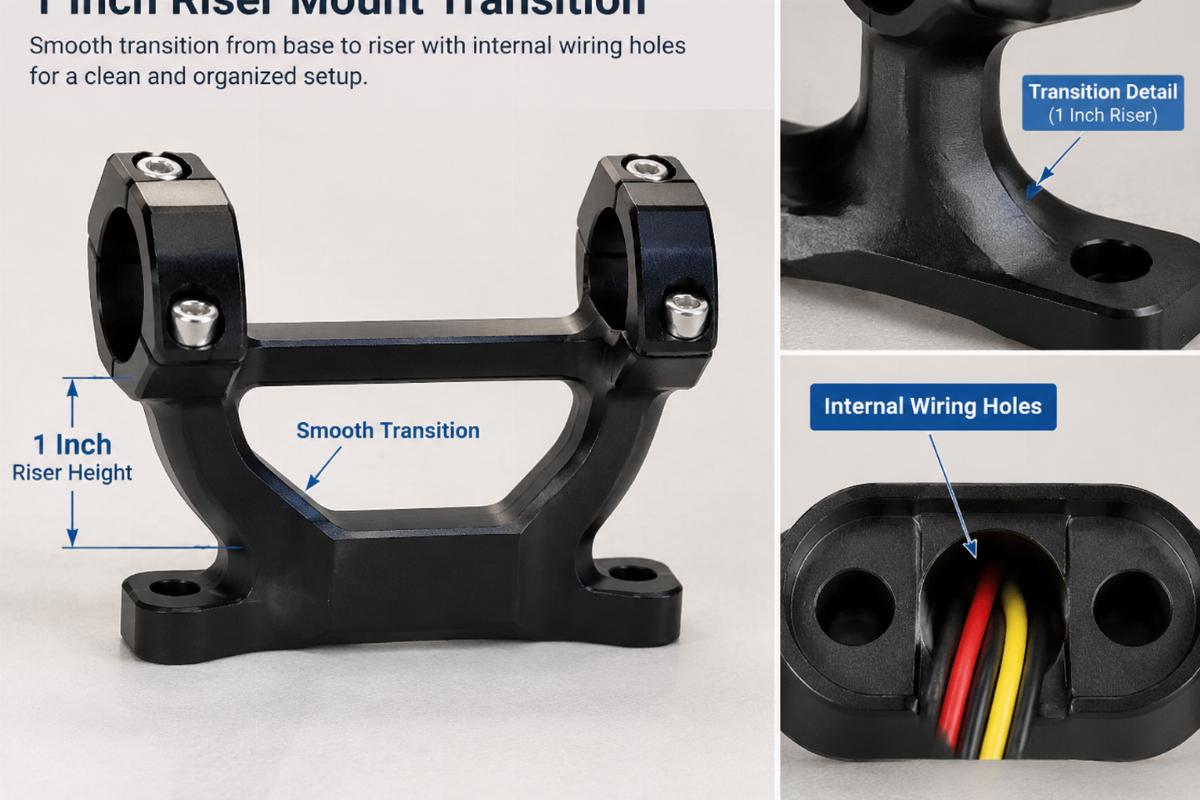 English alt describing the 1 inch riser mount transition and internal wiring holes