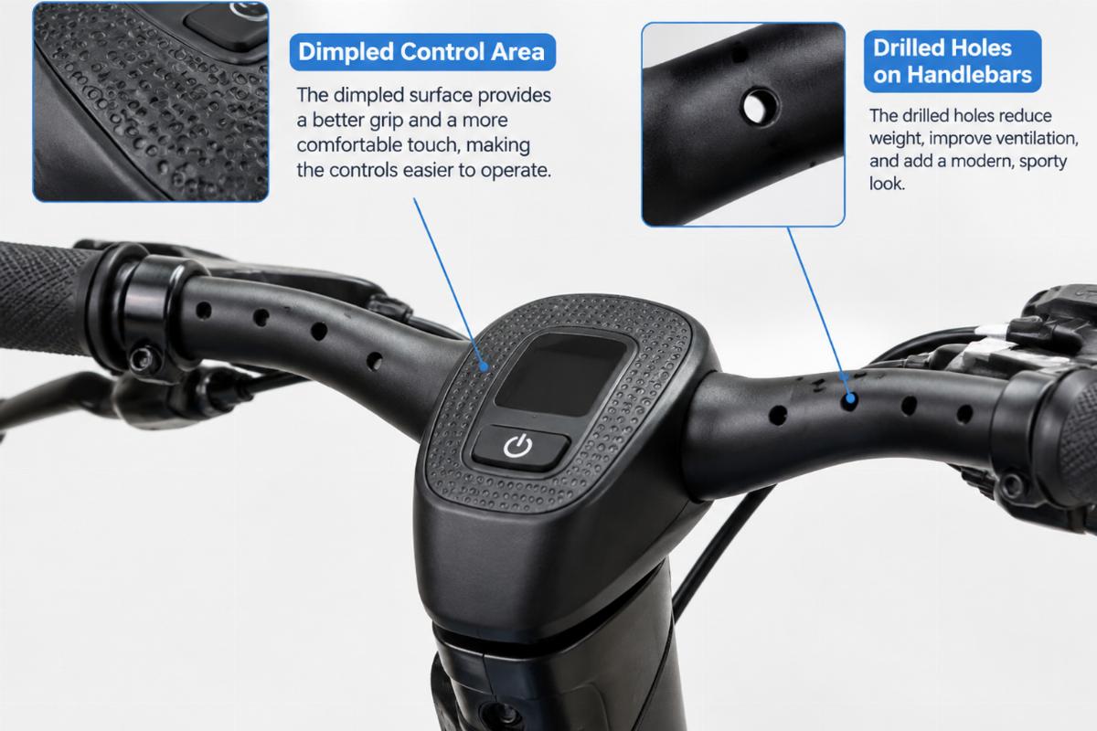 English alt describing the dimpled control area and drilled holes on the handlebars