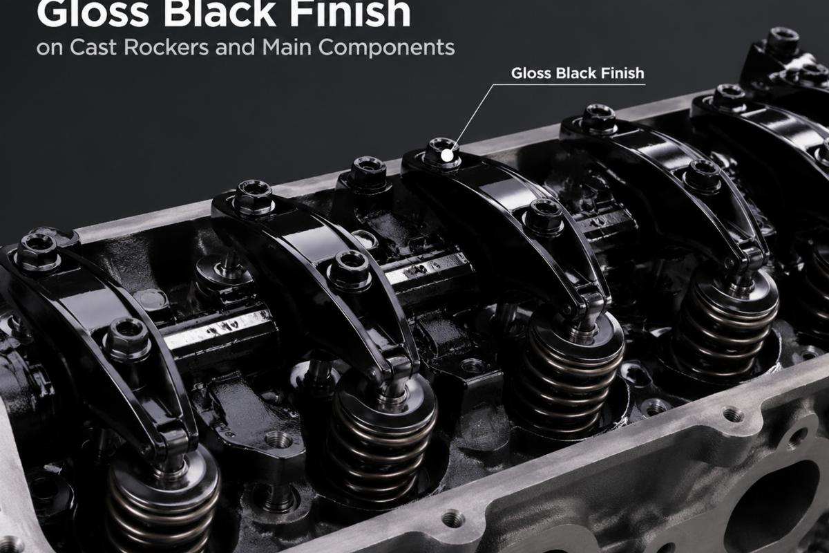 English alt describing the gloss black finish on cast rockers and main components
